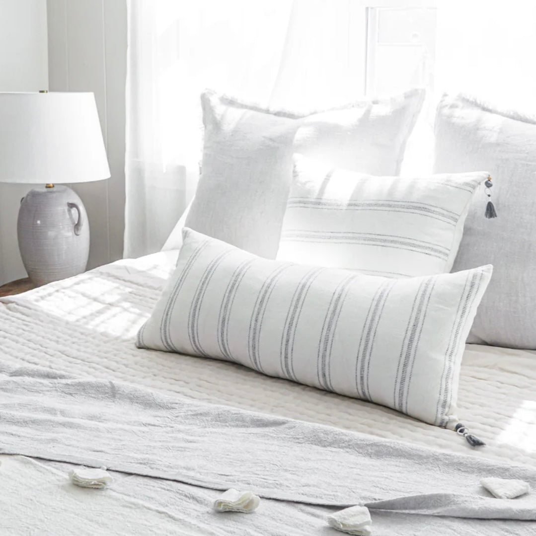 Anaya Home So Soft Linen White with Grey Stripes Pillow 13x30 With Down Insert ~ DREAMY BEDDING SALE~ Limited Quantity - Image 1