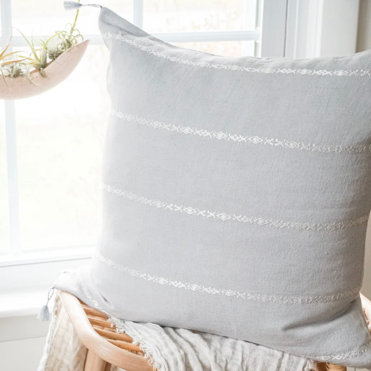 Anaya Home So Soft Linen Light Grey & White Embroidered Pillow 20x20 With Down Insert ~ DREAMY BEDDING SALE ~ Limited Quantity - Image 1