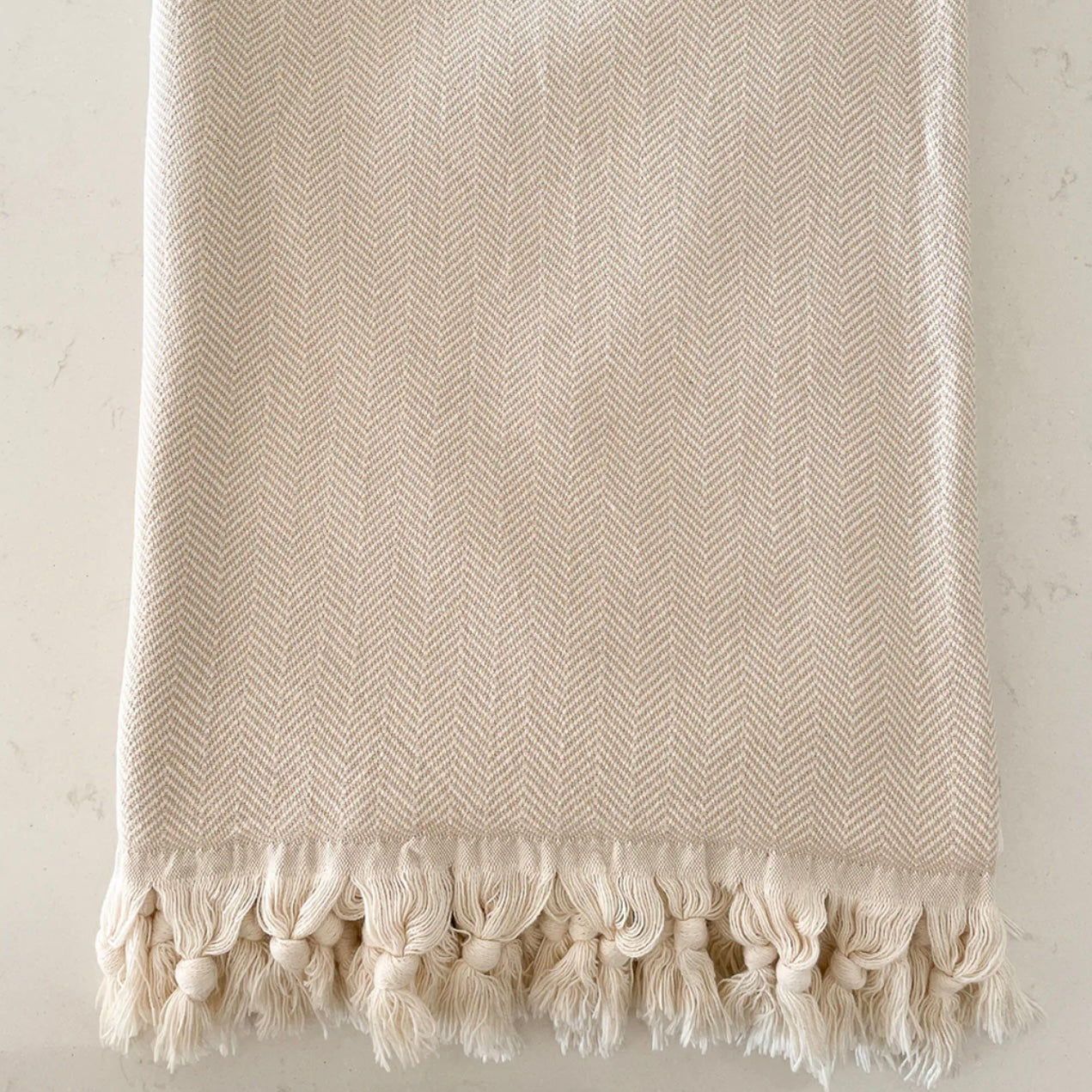 Anaya Home Beige Turkish Cotton Herringbone Throw With Tassels - Image 3