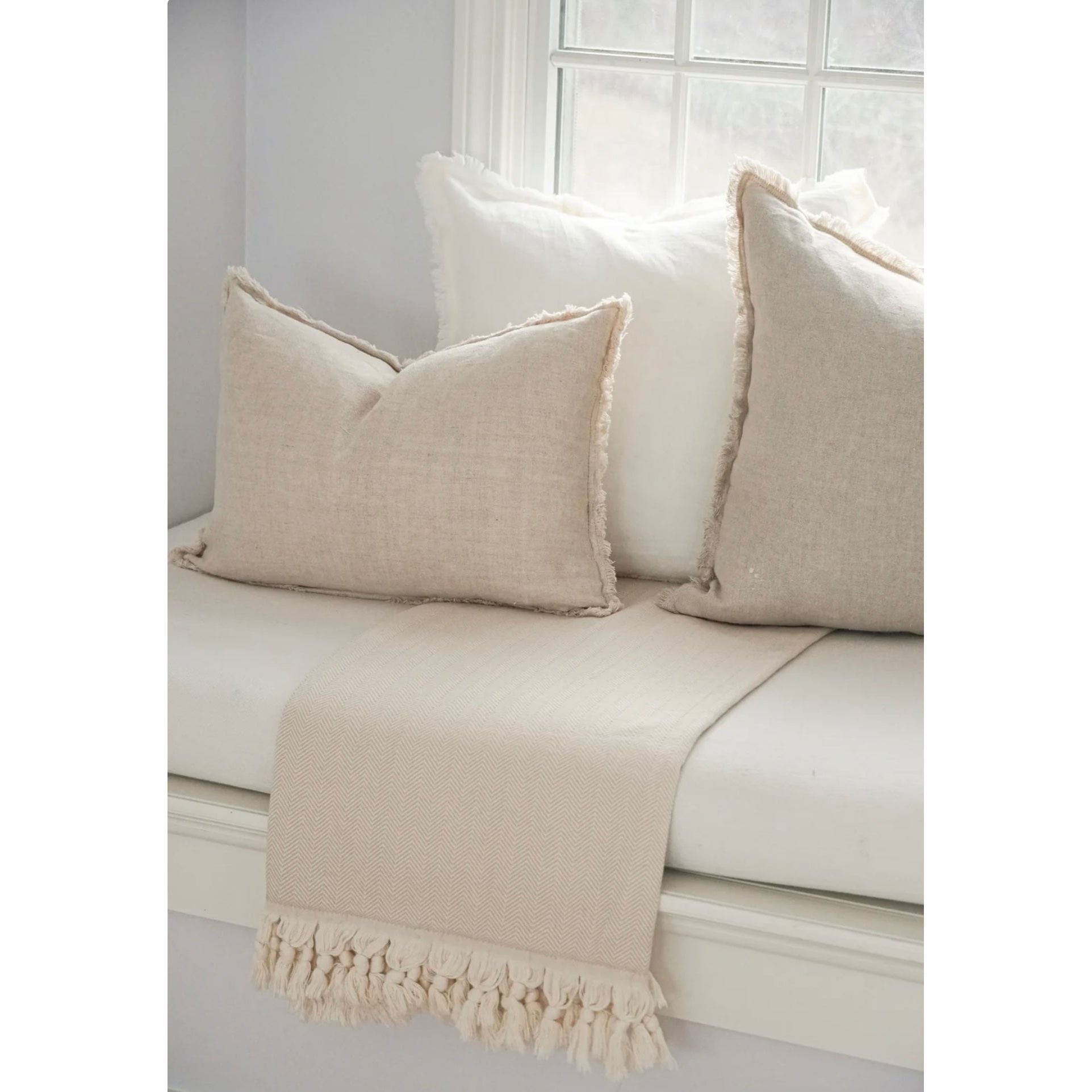 Anaya Home Beige Turkish Cotton Herringbone Throw With Tassels - Image 2