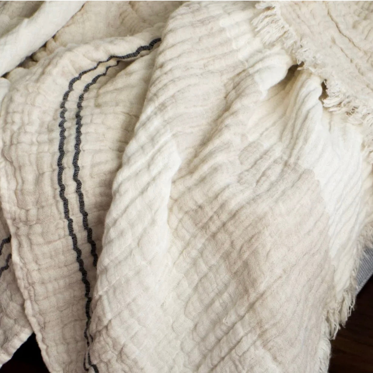 Anaya Home Crinkled Luxe Linen Stripe Throw ~ Ivory with Black Stripes ~ DREAMY BEDDING SALE ~ Limited Quantity