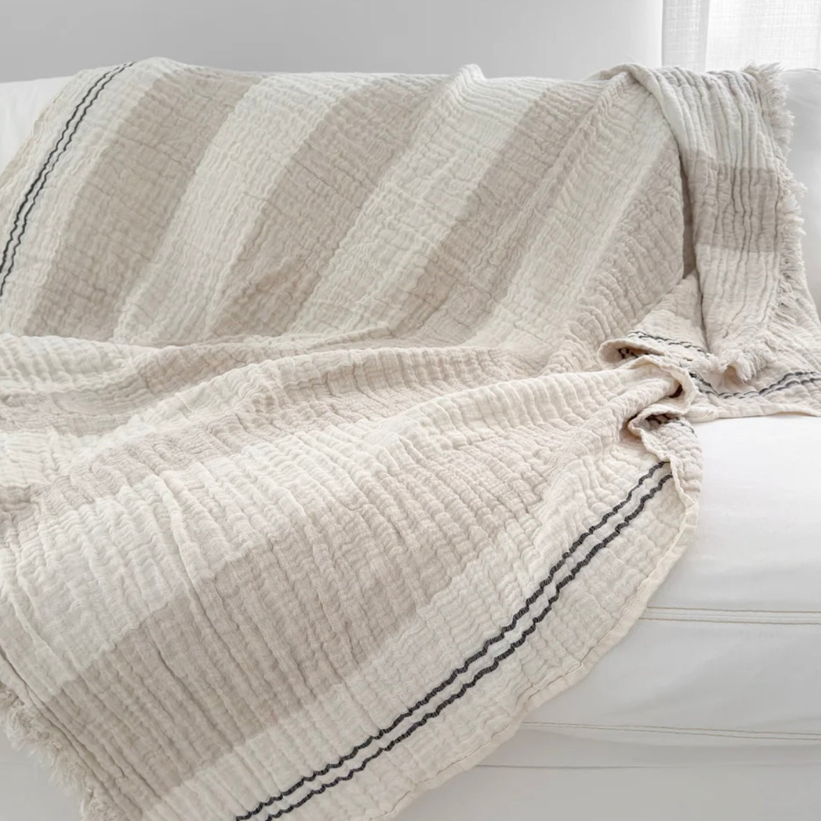 Anaya Home Crinkled Luxe Linen Stripe Throw ~ Ivory with Black Stripes ~ DREAMY BEDDING SALE ~ Limited Quantity - Image 2