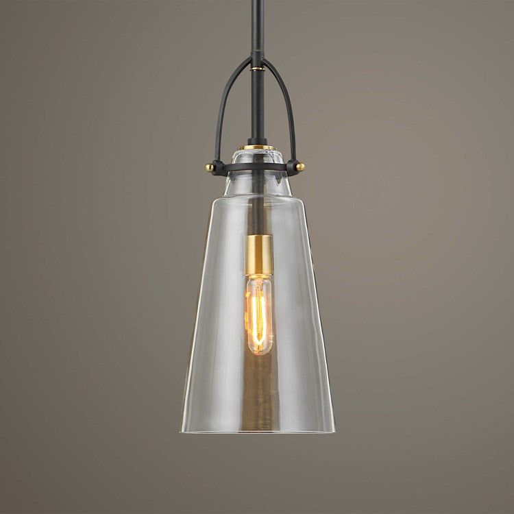 Uttermost Saugus Clear Glass with Black and Antique Brass Accents Rustic Industrial Pendant Light - Image 3