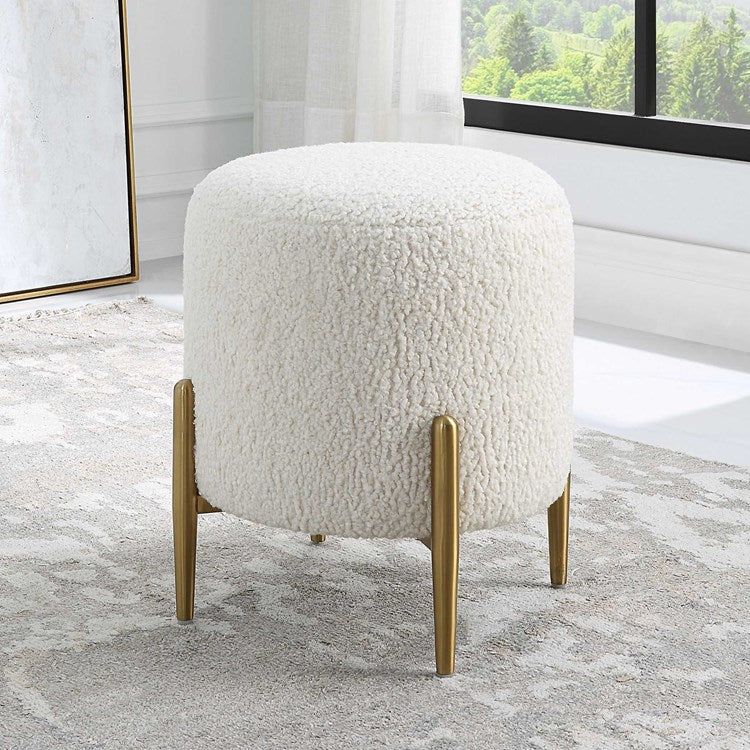 Uttermost Arles White Faux Shearling Round Ottoman with Brushed Brass Metal Legs