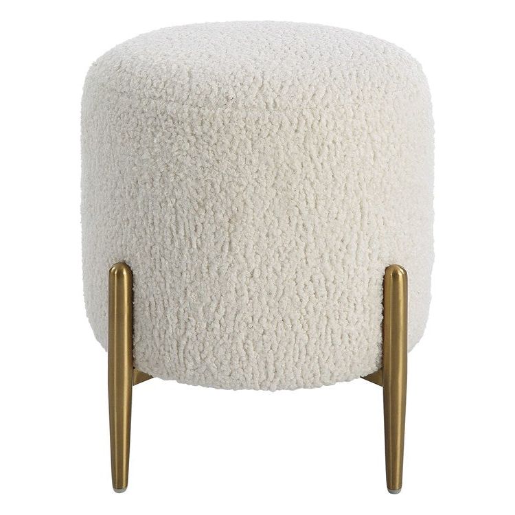 Uttermost Arles White Faux Shearling Round Ottoman with Brushed Brass Metal Legs - Image 3