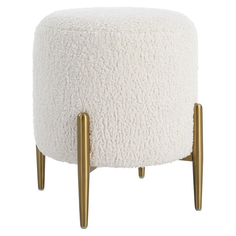 Uttermost Arles White Faux Shearling Round Ottoman with Brushed Brass Metal Legs - Image 2
