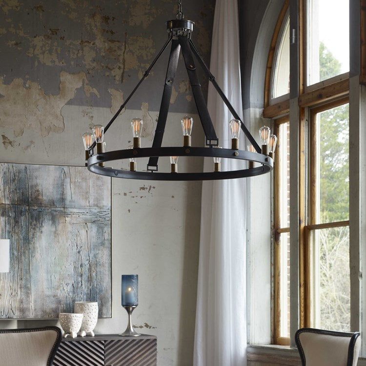 Uttermost Marlow Dark Antique and Weathered Bronze with Leather Straps 12 Light Round Chandelier - Image 1