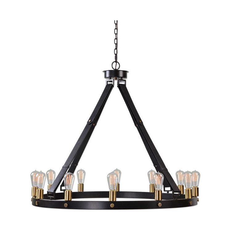 Uttermost Marlow Dark Antique and Weathered Bronze with Leather Straps 12 Light Round Chandelier - Image 2