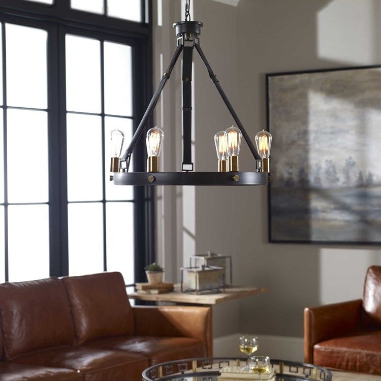 Uttermost Marlow Dark Antique and Weathered Bronze with Leather Straps 6 Light Round Chandelier - Image 2
