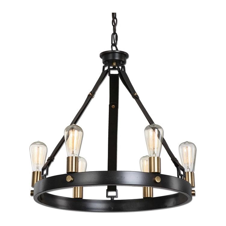 Uttermost Marlow Dark Antique and Weathered Bronze with Leather Straps 6 Light Round Chandelier - Image 3