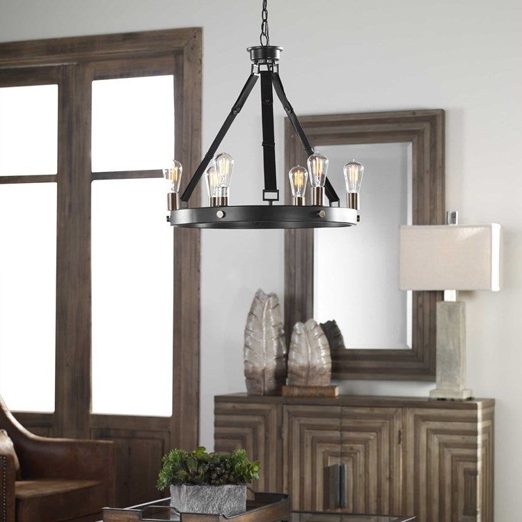 Uttermost Marlow Dark Antique and Weathered Bronze with Leather Straps 6 Light Round Chandelier