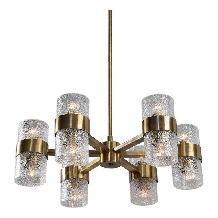 Uttermost Marinot Textured Glass Cylinder Shades with Antique Brass Finish 12 Light Chandelier - Image 3