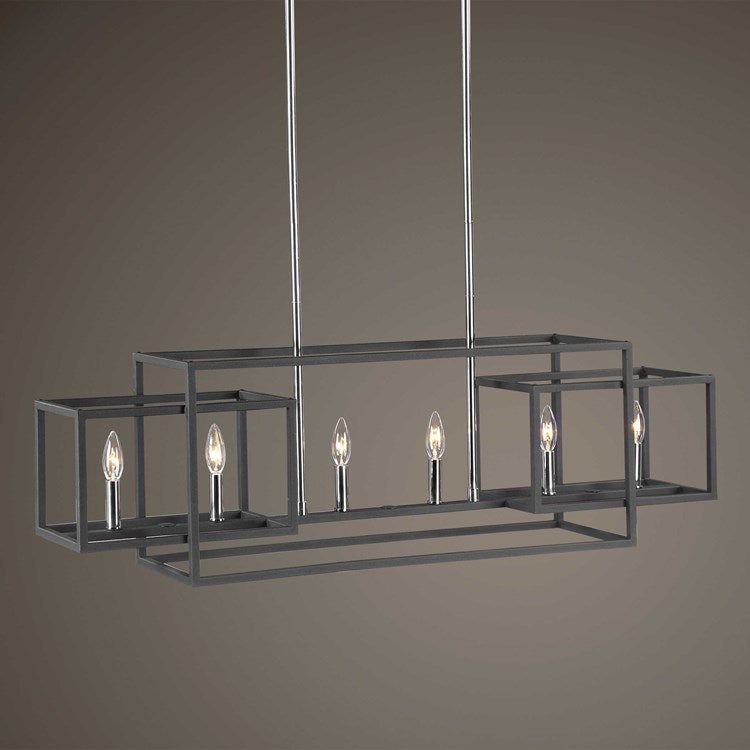 Uttermost Quadrangle Textured Black Finish With Polished Nickel Accents 6 Light Linear Chandelier - Image 3