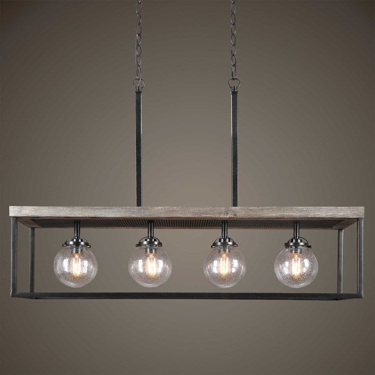 Uttermost Pearsall Seeded Glass Bulbs with Textured Black Metal and Distressed Wood Island Light - Image 1