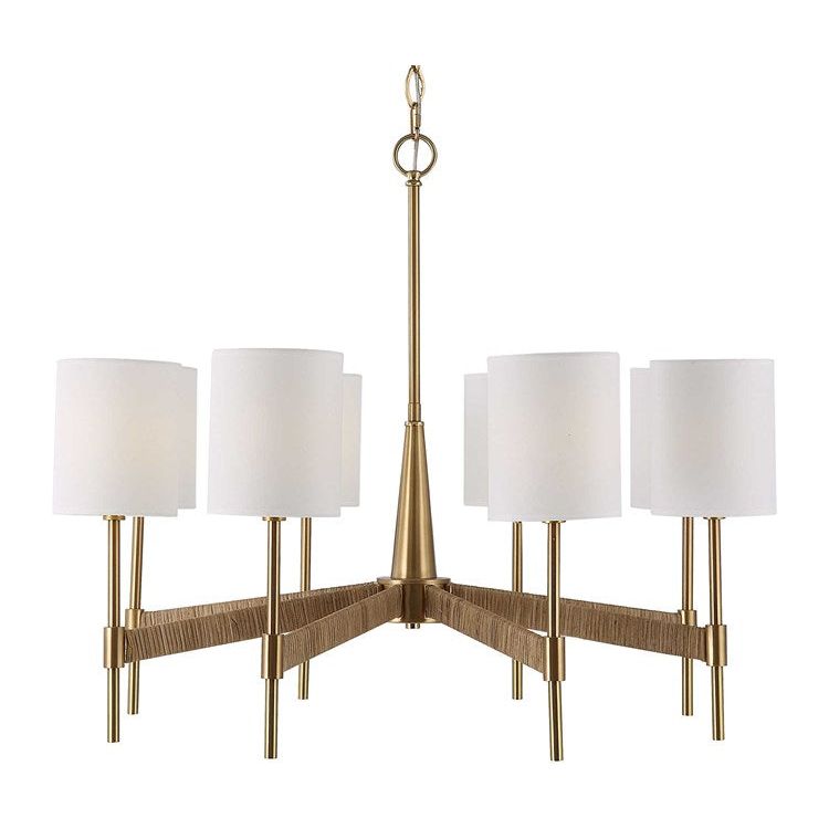 Uttermost Lautoka Rattan Wrapped Arms with Warm Brass Finish and White Linen Shades 8 Light Chandelier - Image 2