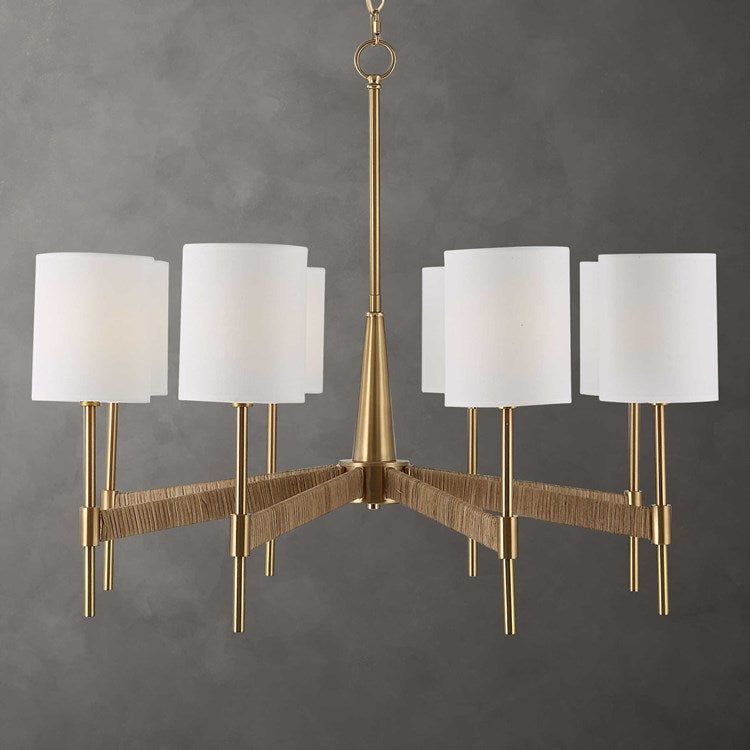 Uttermost Lautoka Rattan Wrapped Arms with Warm Brass Finish and White Linen Shades 8 Light Chandelier
