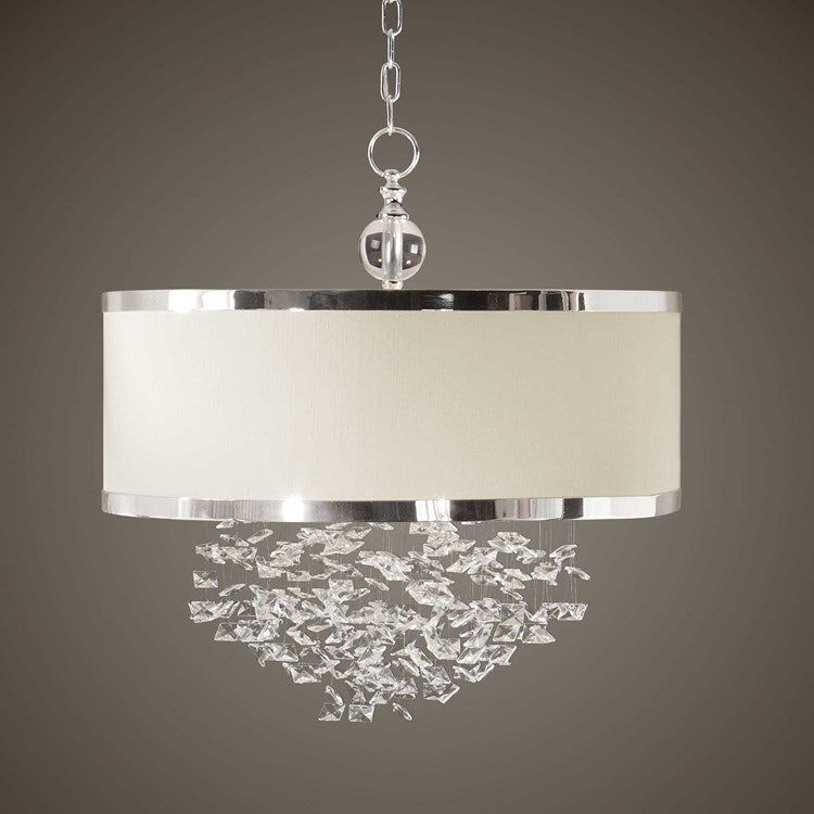 Uttermost Fascination Antique Linen Drum Shade with Free Falling Crystals 3 Light Chandelier