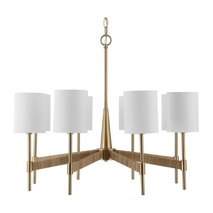 Uttermost Lautoka Rattan Wrapped Arms with Warm Brass Finish and White Linen Shades 8 Light Chandelier - Image 3