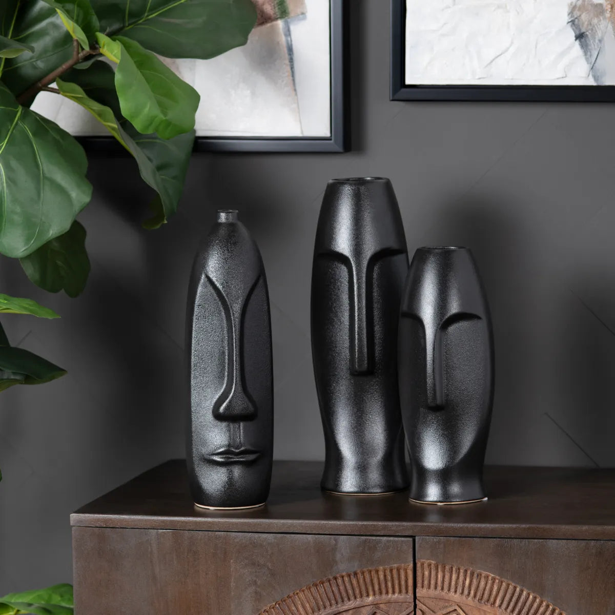 Crestview Collection Noir Black Ceramic Vases ~ Set Of 3 - Image 1