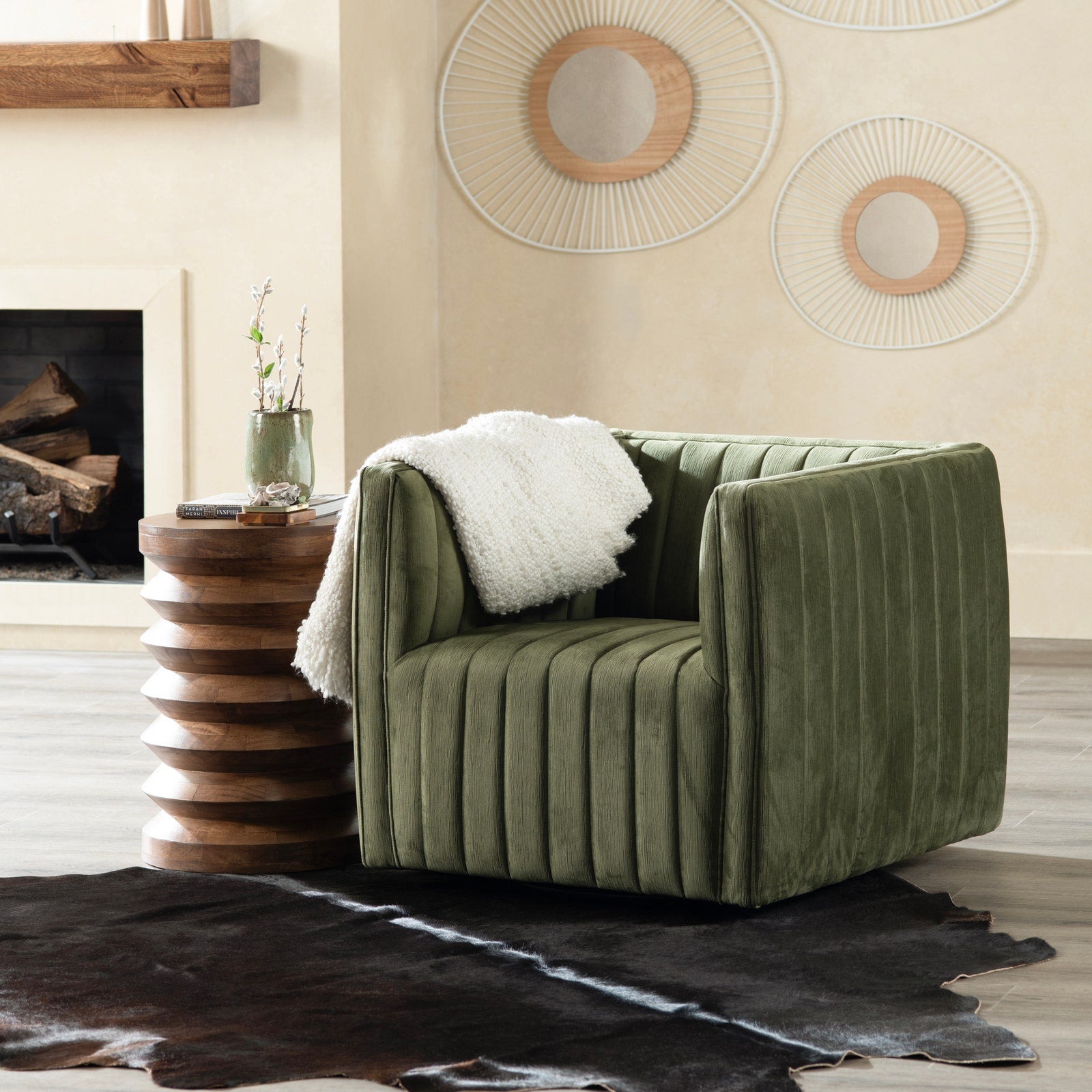 Crestview Collection Draper Green Velvet Channeled Swivel Chair - Image 1
