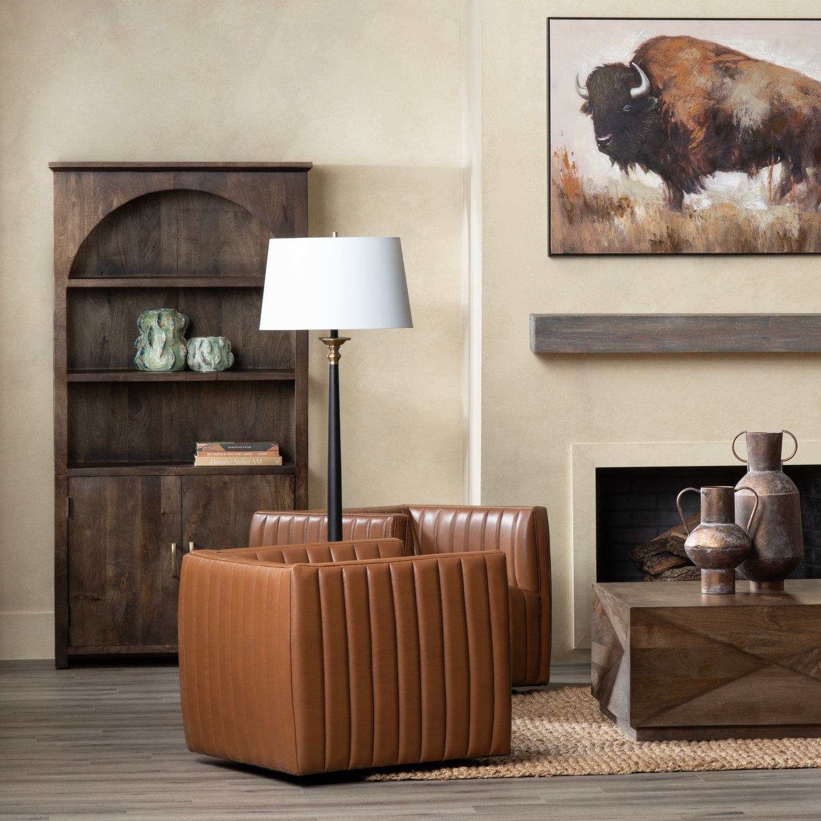 Crestview Collection Huxley Cognac Faux Leather Channeled Accent Chair - Image 2