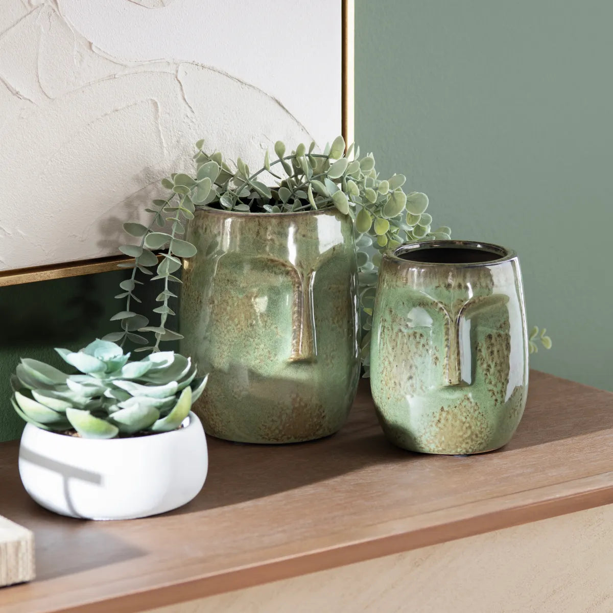 Crestview Collection Facetime Green Ceramic Vases ~ Set Of 2 - Image 1