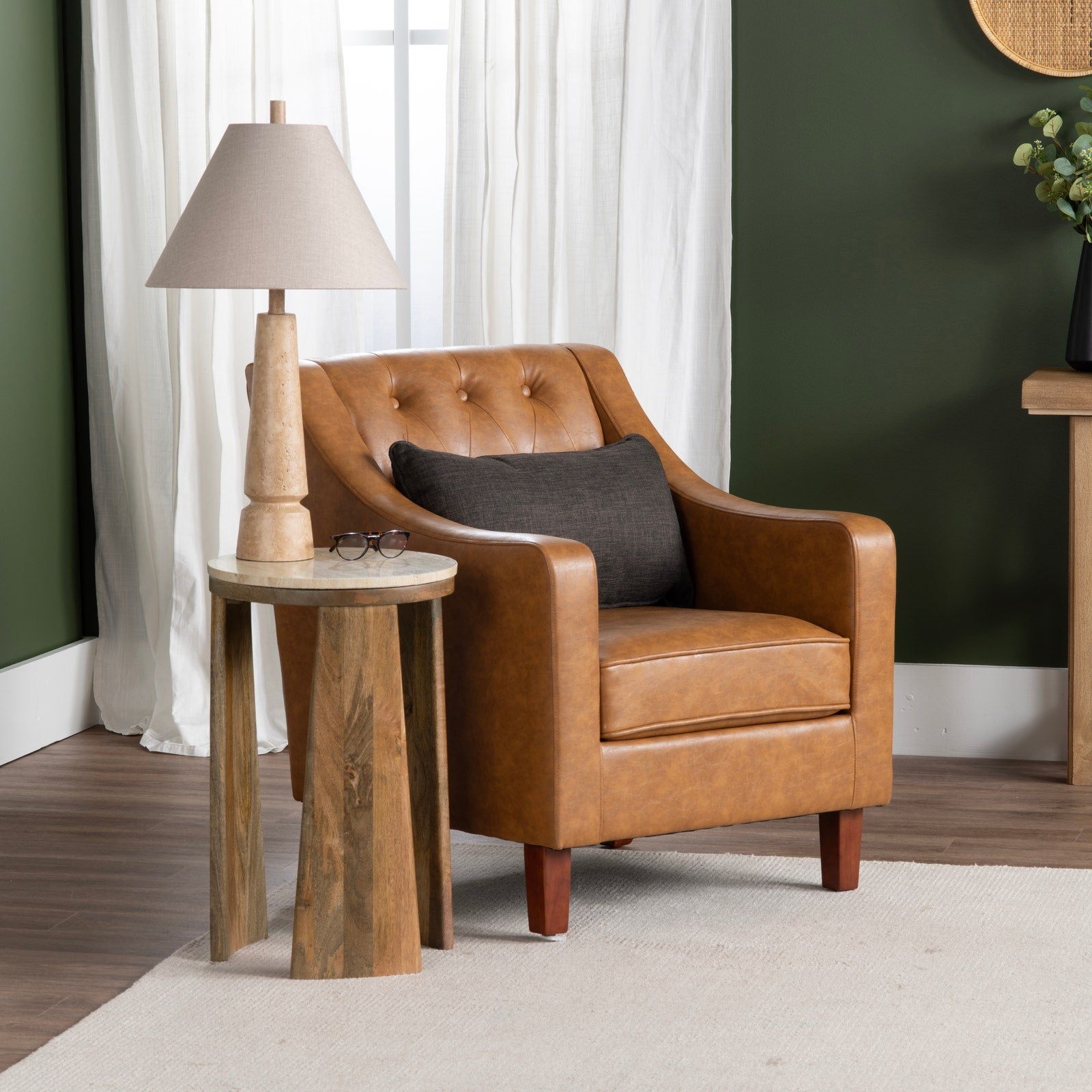 Crestview Collection Harmon Cognac Vegan Leather Tufted Accent Chair - Image 2