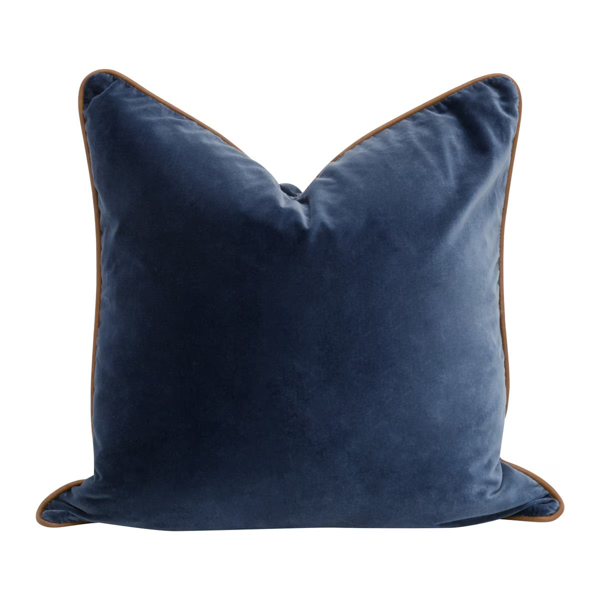Essentials For Living The Not So Basic 22” Essential Pillow ~ Denim Velvet, Whiskey Brown Top Grain Leather Piping - Image 1