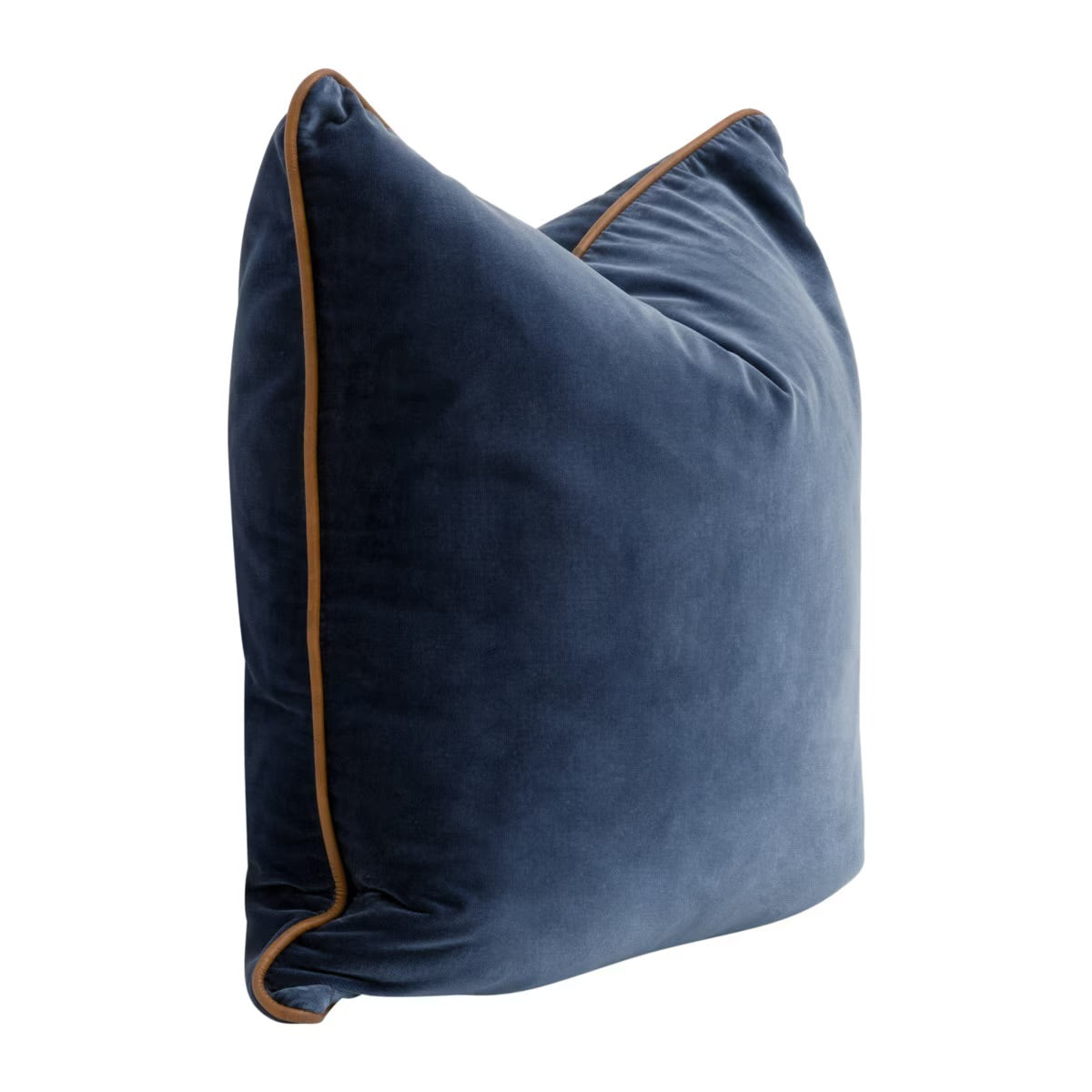 Essentials For Living The Not So Basic 22” Essential Pillow ~ Denim Velvet, Whiskey Brown Top Grain Leather Piping - Image 2