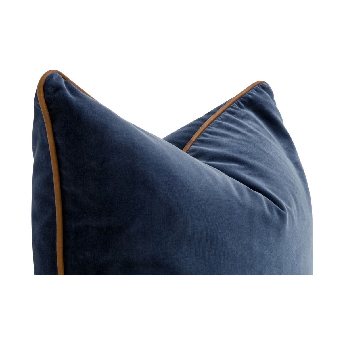 Essentials For Living The Not So Basic 22” Essential Pillow ~ Denim Velvet, Whiskey Brown Top Grain Leather Piping - Image 3