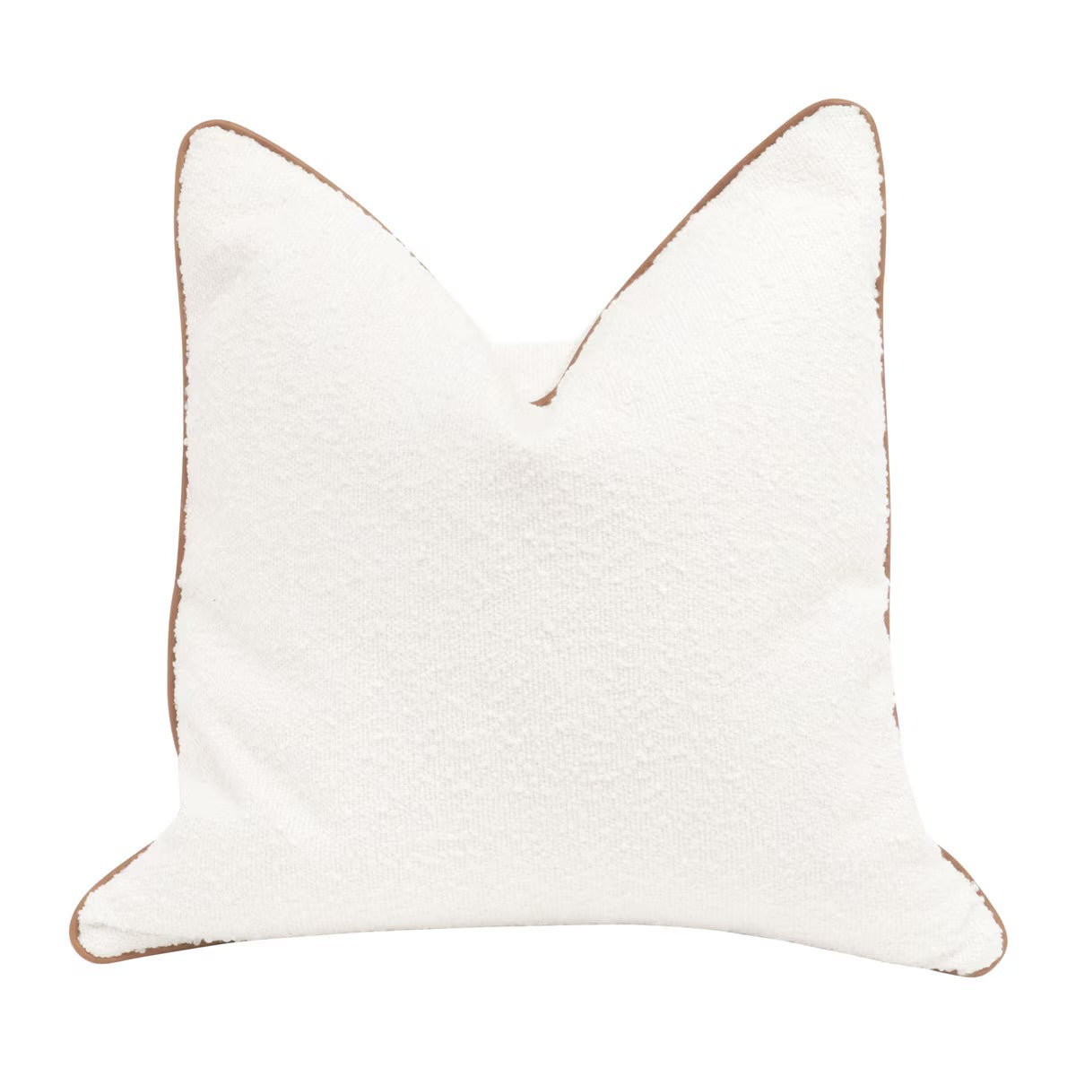 Essentials For Living The Not So Basic 22” Essential Pillow ~ LiveSmart Boucle-Snow, Whiskey Brown Top Grain Leather Piping - Image 1