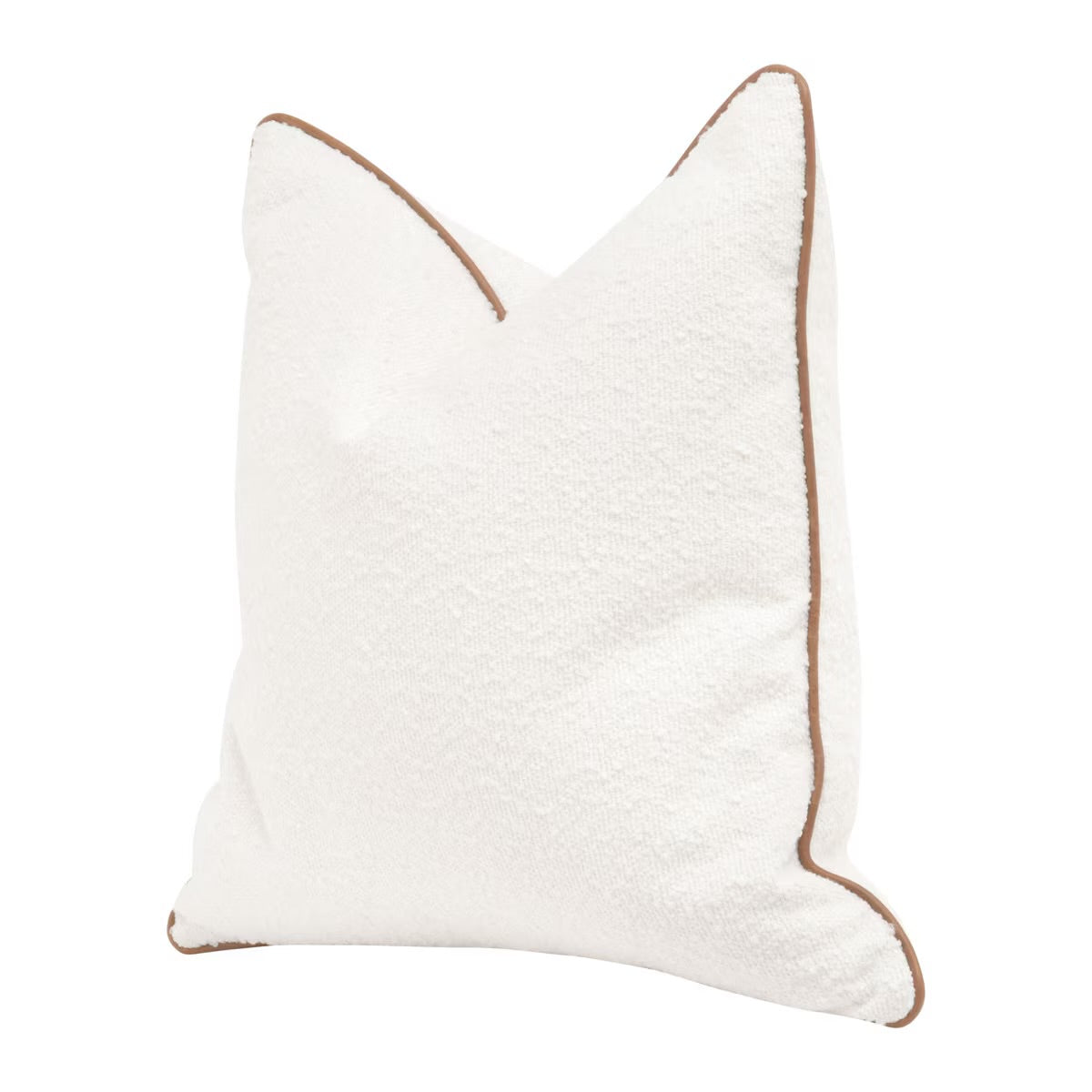 Essentials For Living The Not So Basic 22” Essential Pillow ~ LiveSmart Boucle-Snow, Whiskey Brown Top Grain Leather Piping - Image 2