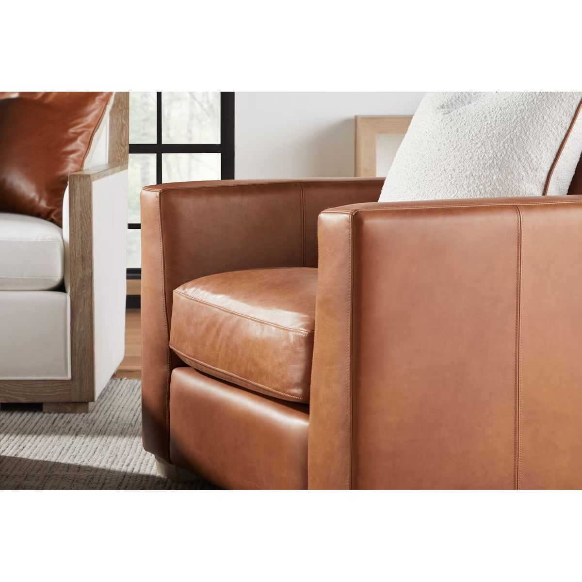Essentials For Living The Not So Basic 22” Essential Pillow ~ LiveSmart Boucle-Snow, Whiskey Brown Top Grain Leather Piping - Image 3