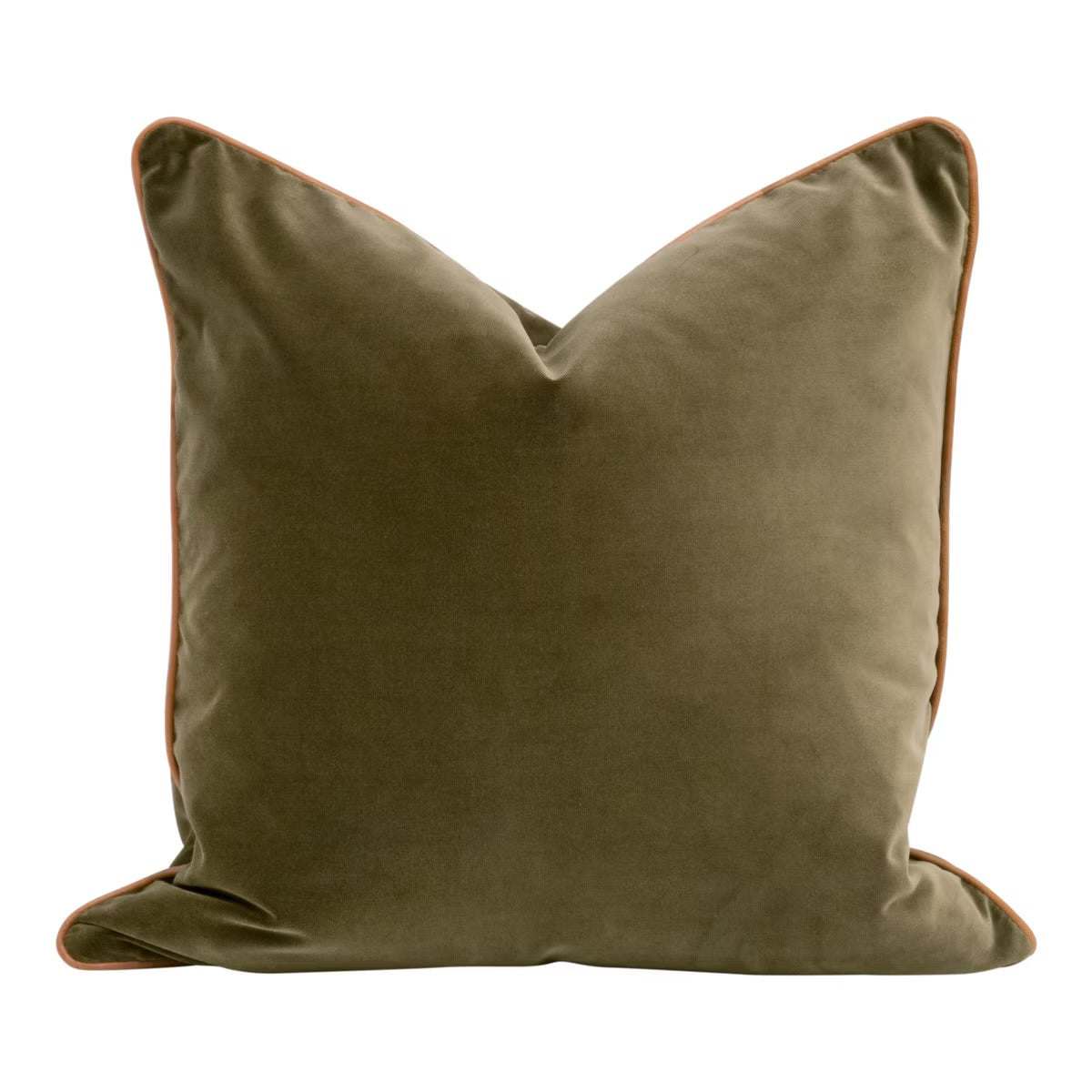 Essentials For Living The Not So Basic 22” Essential Pillow ~ Olive Velvet, Whiskey Brown Top Grain Leather Piping - Image 1