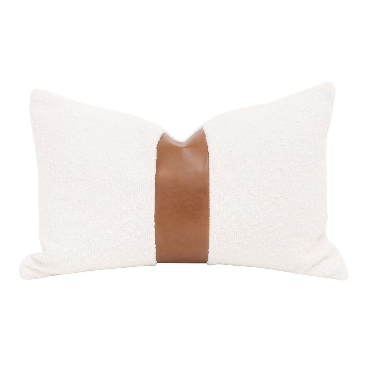Essentials For Living The Split Decision 20” Essential Lumbar Pillow ~ LiveSmart Boucle-Snow, Whiskey Brown Top Grain Leather Stripe - Image 1