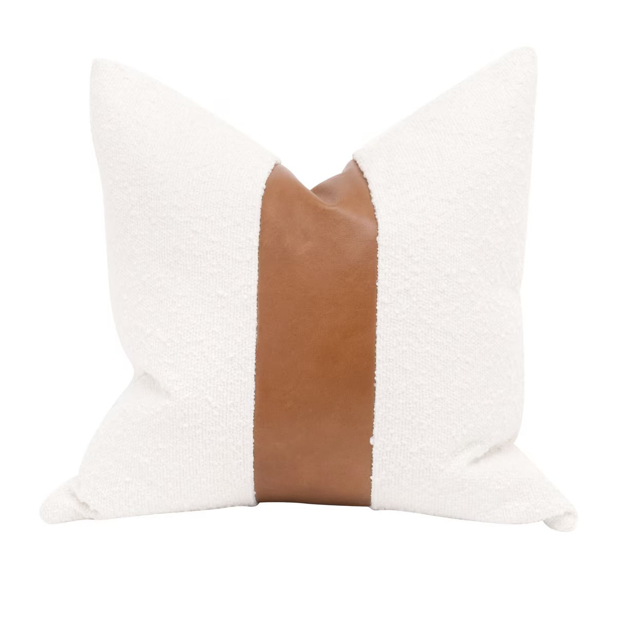 Essentials For Living The Split Decision 20” Essential Pillow ~ LiveSmart Boucle-Snow, Whiskey Brown Top Grain Leather Stripe - Image 1