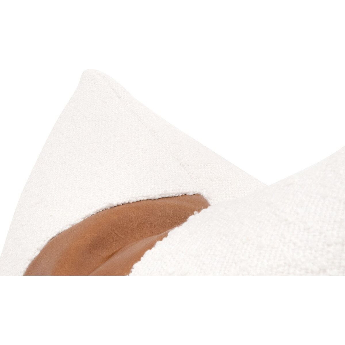 Essentials For Living The Split Decision 20” Essential Pillow ~ LiveSmart Boucle-Snow, Whiskey Brown Top Grain Leather Stripe - Image 3
