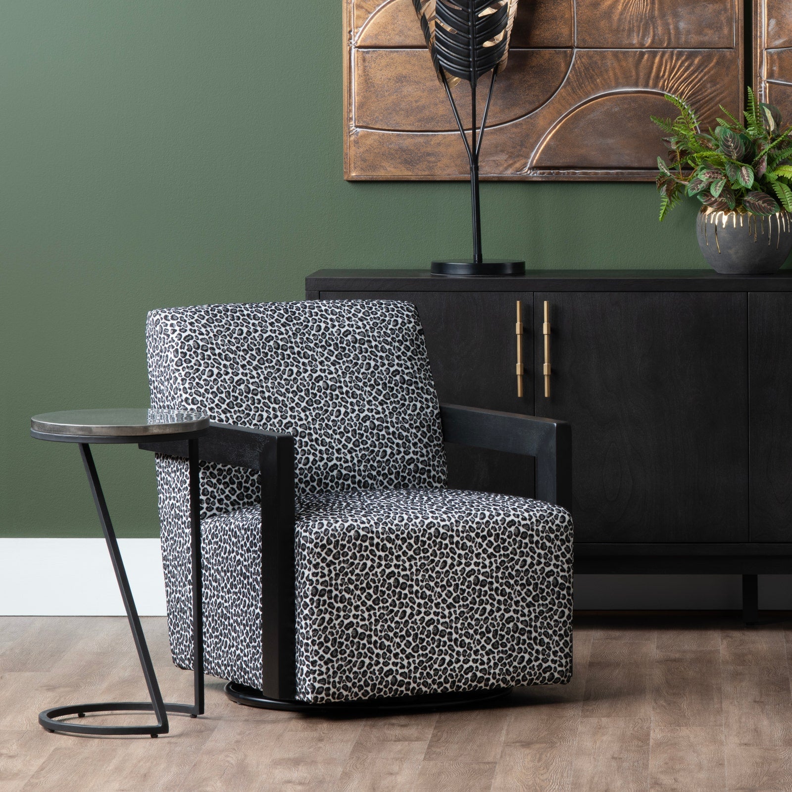 Crestview Collection Serengetti Black and White Print Fabric Swivel Chair - Image 1