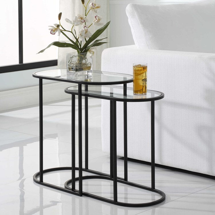 Casa Bella Living Set of 2 finished in Matte Black Topped In Clear Glass Nesting Tables - Image 1
