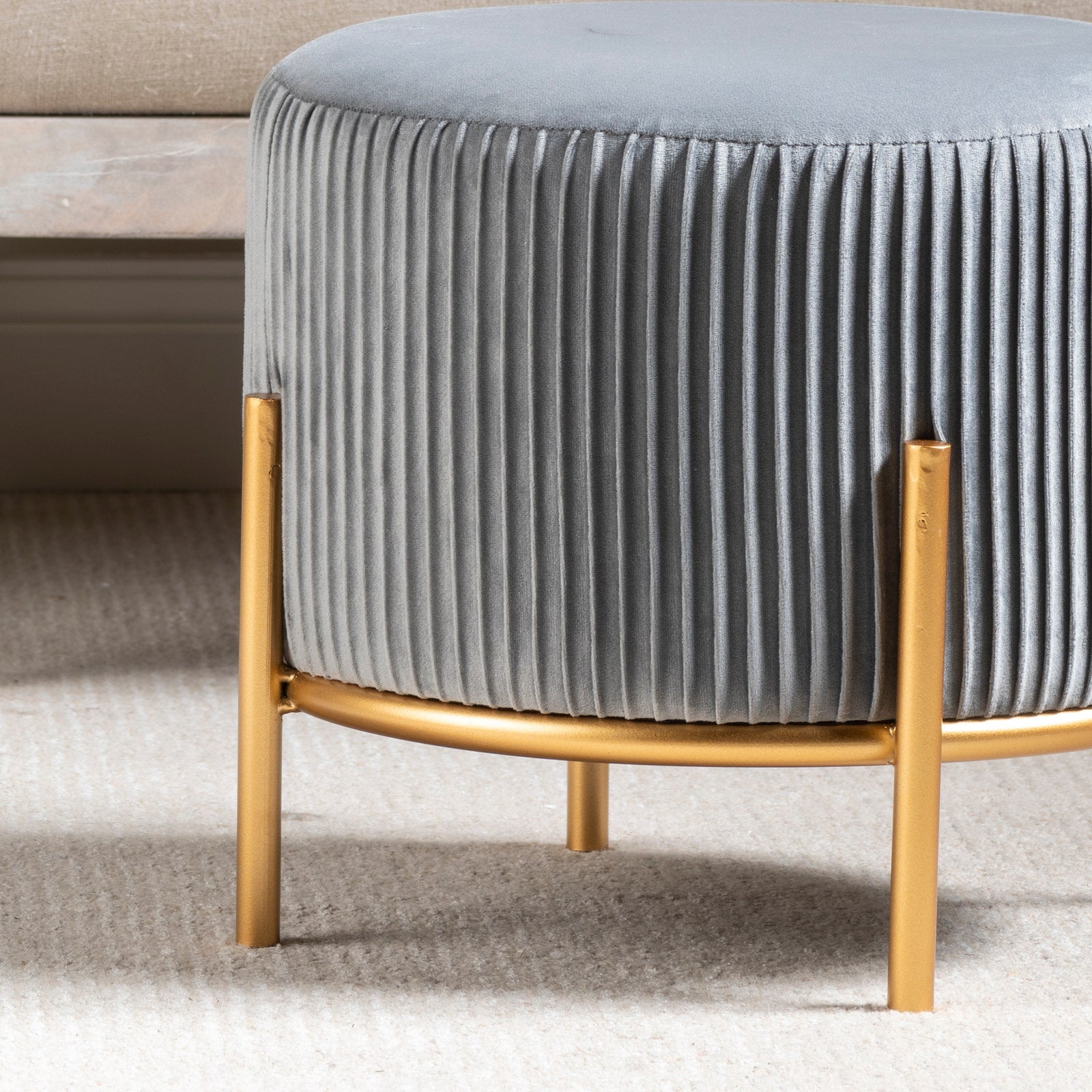 Crestview Collection Bennington Round Gray Velvet Foot Stool Ottoman - Image 2