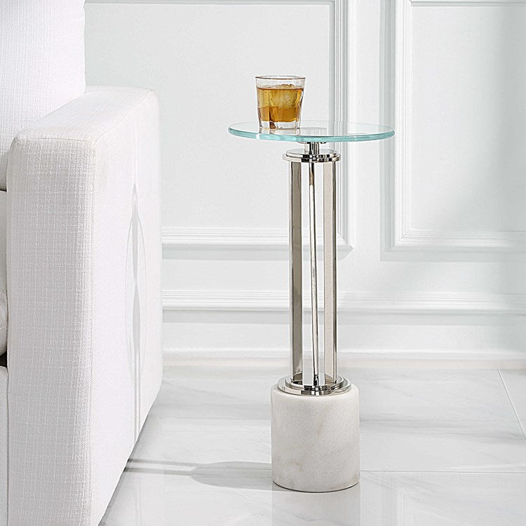 Casa Bella Living Tempered Glass Top Thick White Marble Base Accent Table - Image 1