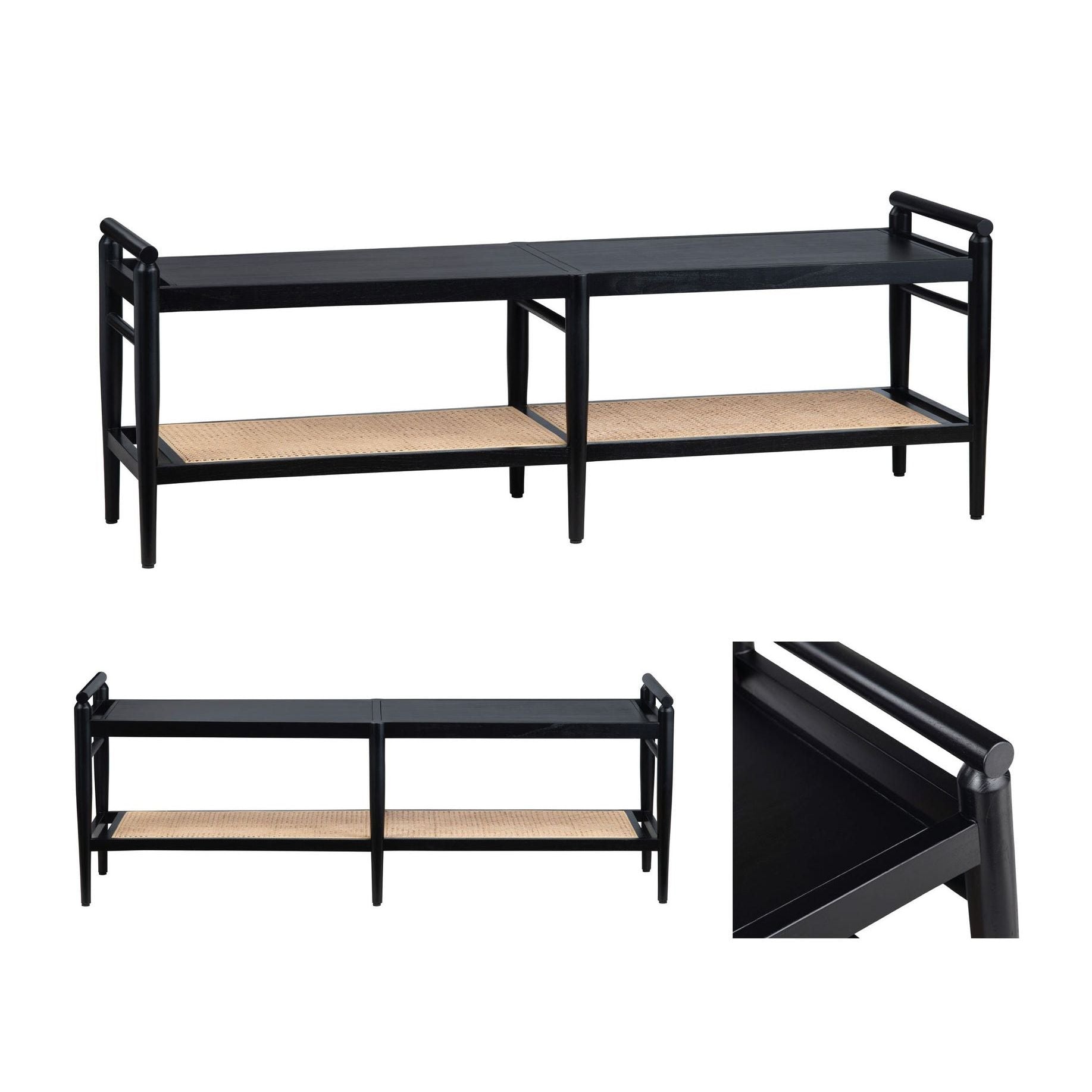 Crestview Collection Port Royal Black Wood and Rattan Bench - Image 3