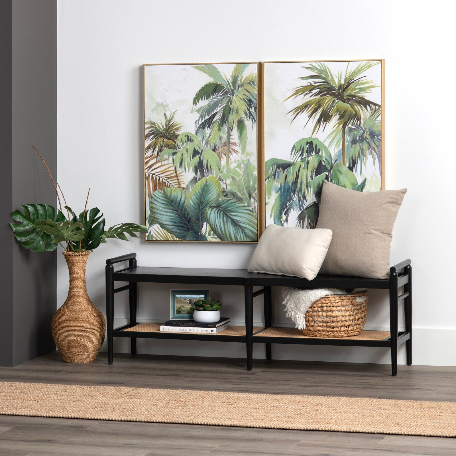 Crestview Collection Port Royal Black Wood and Rattan Bench - Image 1
