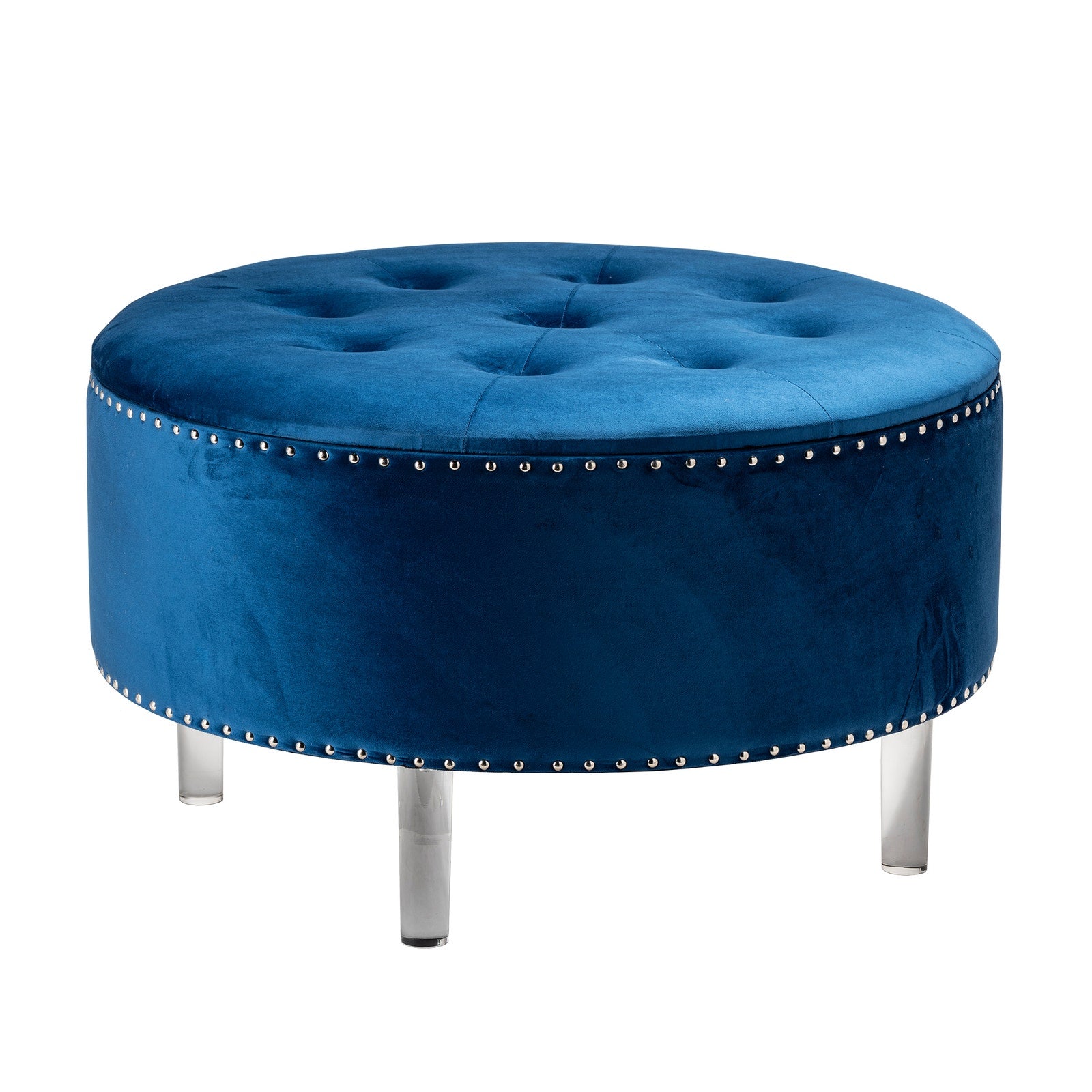 Crestview Collection Natalia Round Blue Velvet Storage Ottoman - Image 3