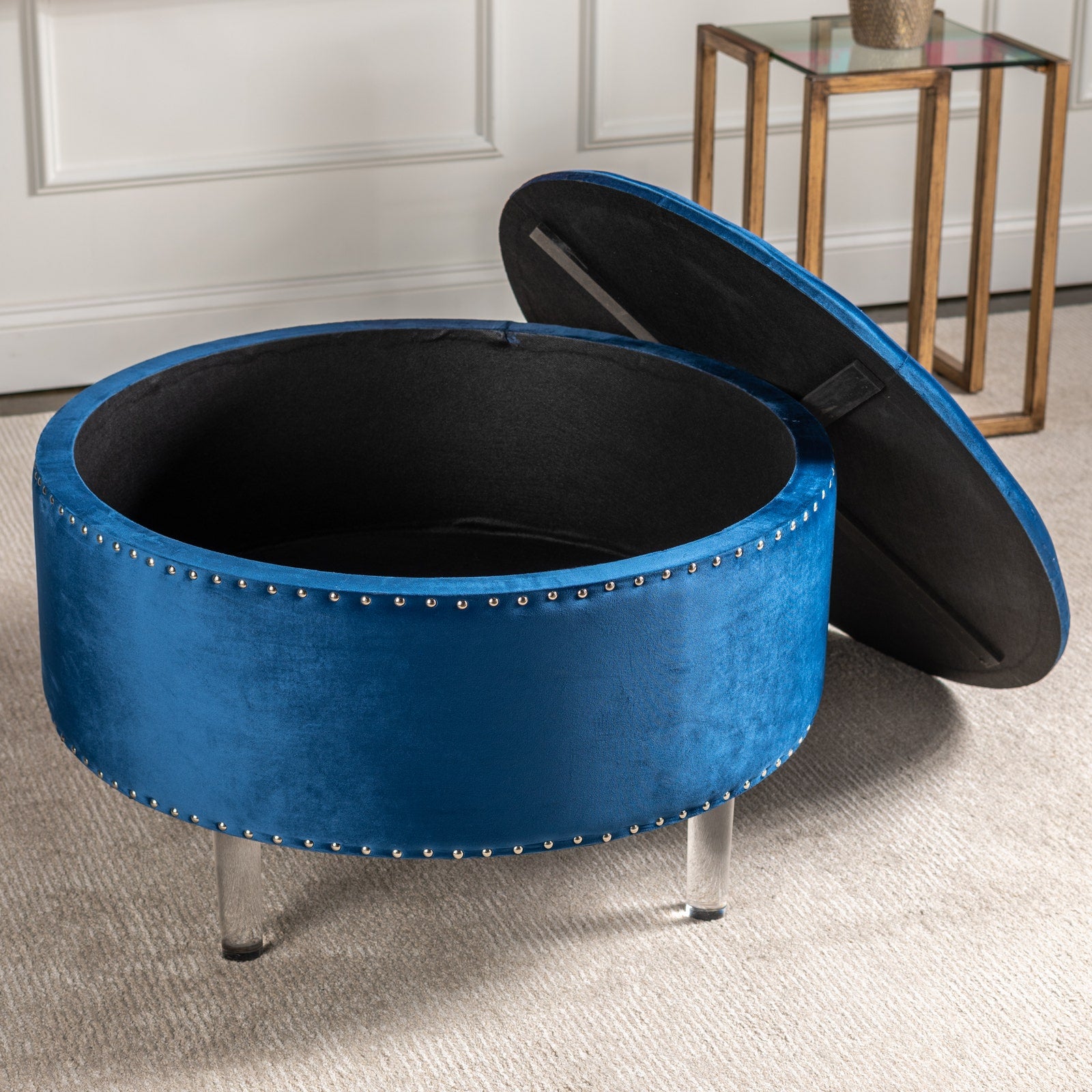 Crestview Collection Natalia Round Blue Velvet Storage Ottoman - Image 2