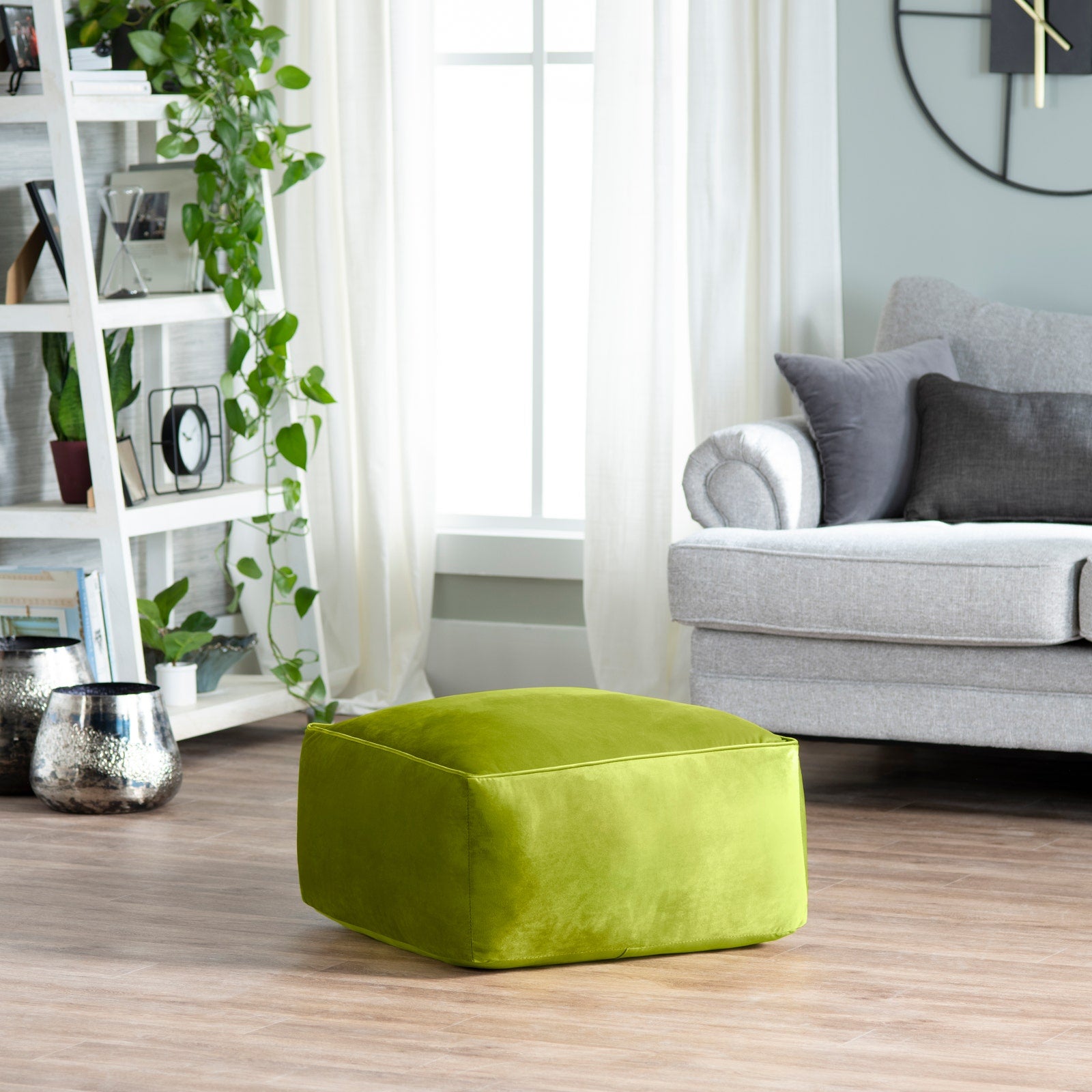 Crestview Collection Cerra Lime Green Velvet Square Foot Stool Pouf