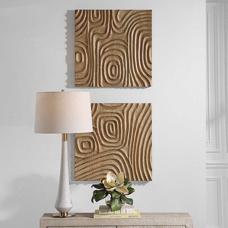 Uttermost Channels Set of 2 Hand Carved Natural Finished Pine Wood Wall Art Decor - Image 1