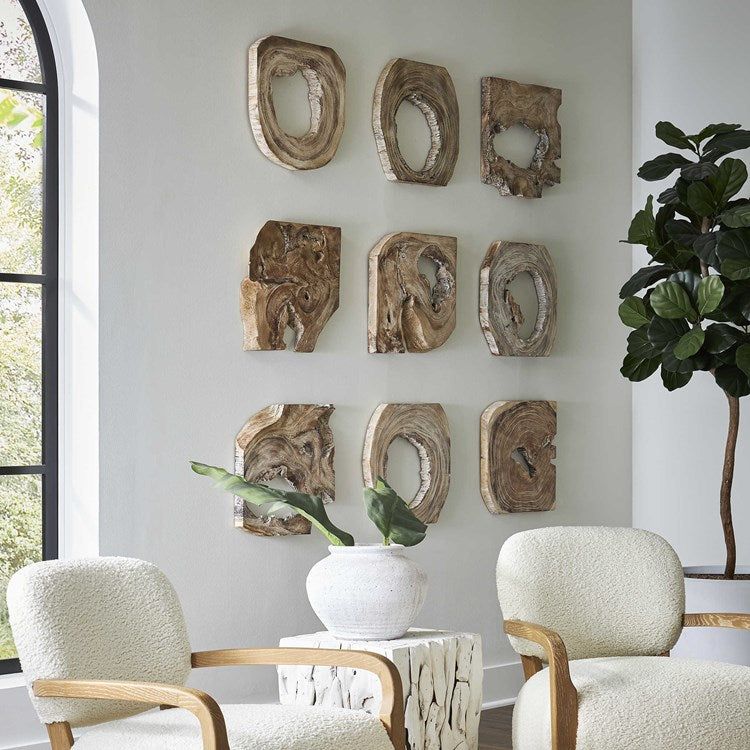 Uttermost Bahati Set of 9 Whitewashed Ivory Suar Wood Wall Art Decor - Image 1