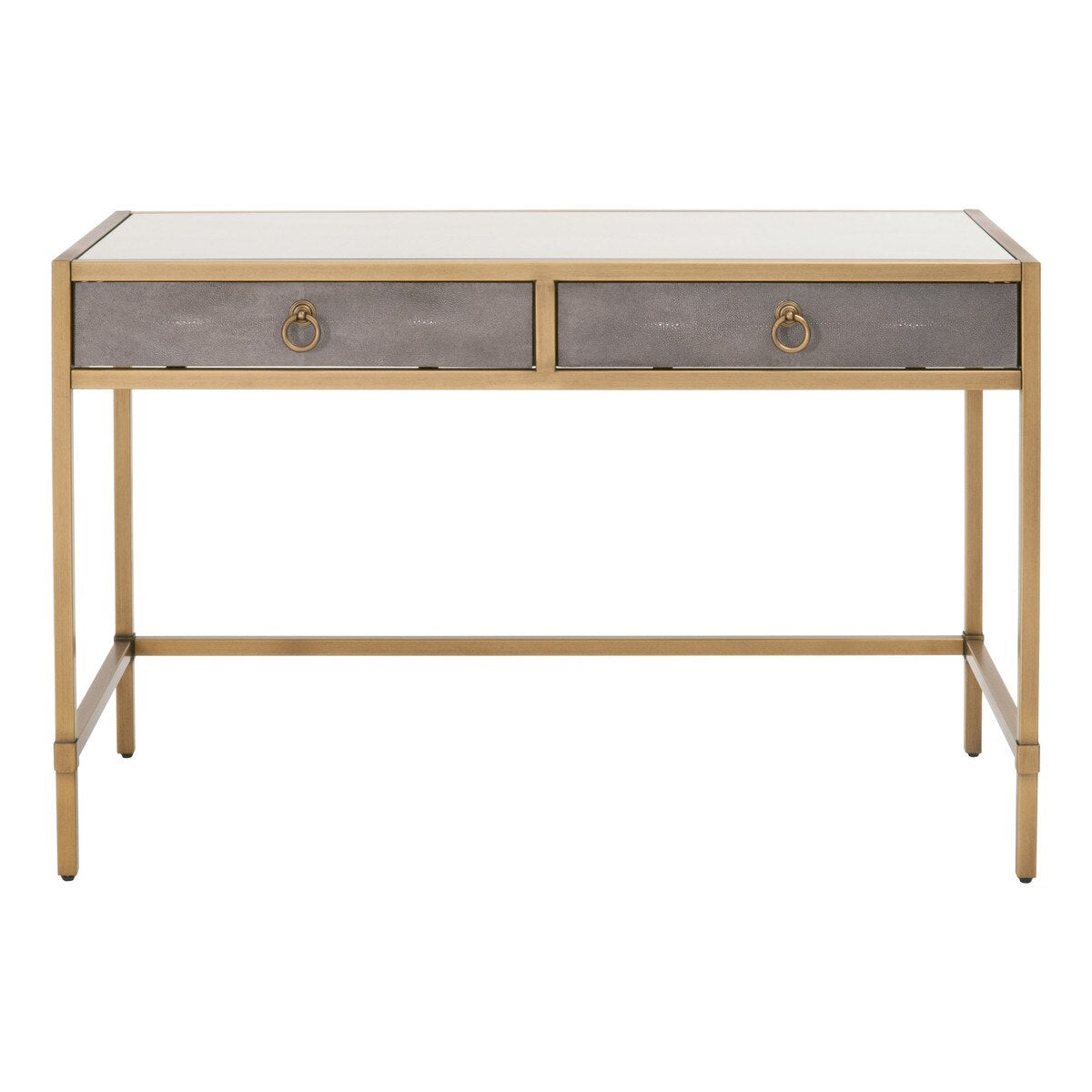 Essentials For Living Strand Shagreen Desk ~ Gray Shagreen, Brushed Gold, Clear Glass