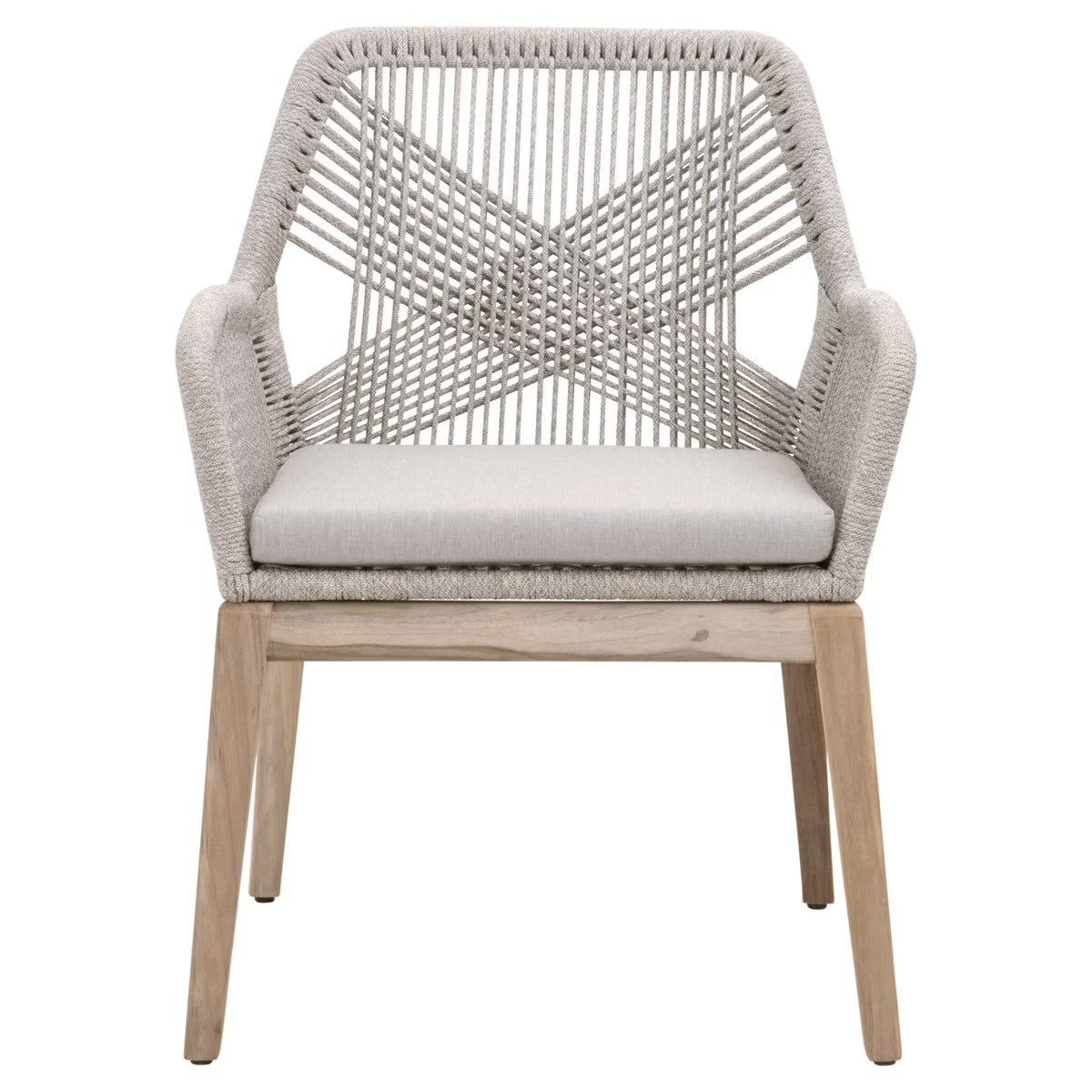 Essentials For Living Loom Outdoor Arm Chair ~ Taupe & White Flat Rope, Performance Pumice, Gray Teak (SET of 2) - Image 1